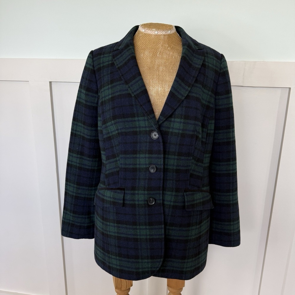Talbots Petite Black Watch Plaid Wool Blend Blazer Size 10 Green Navy School Boy
